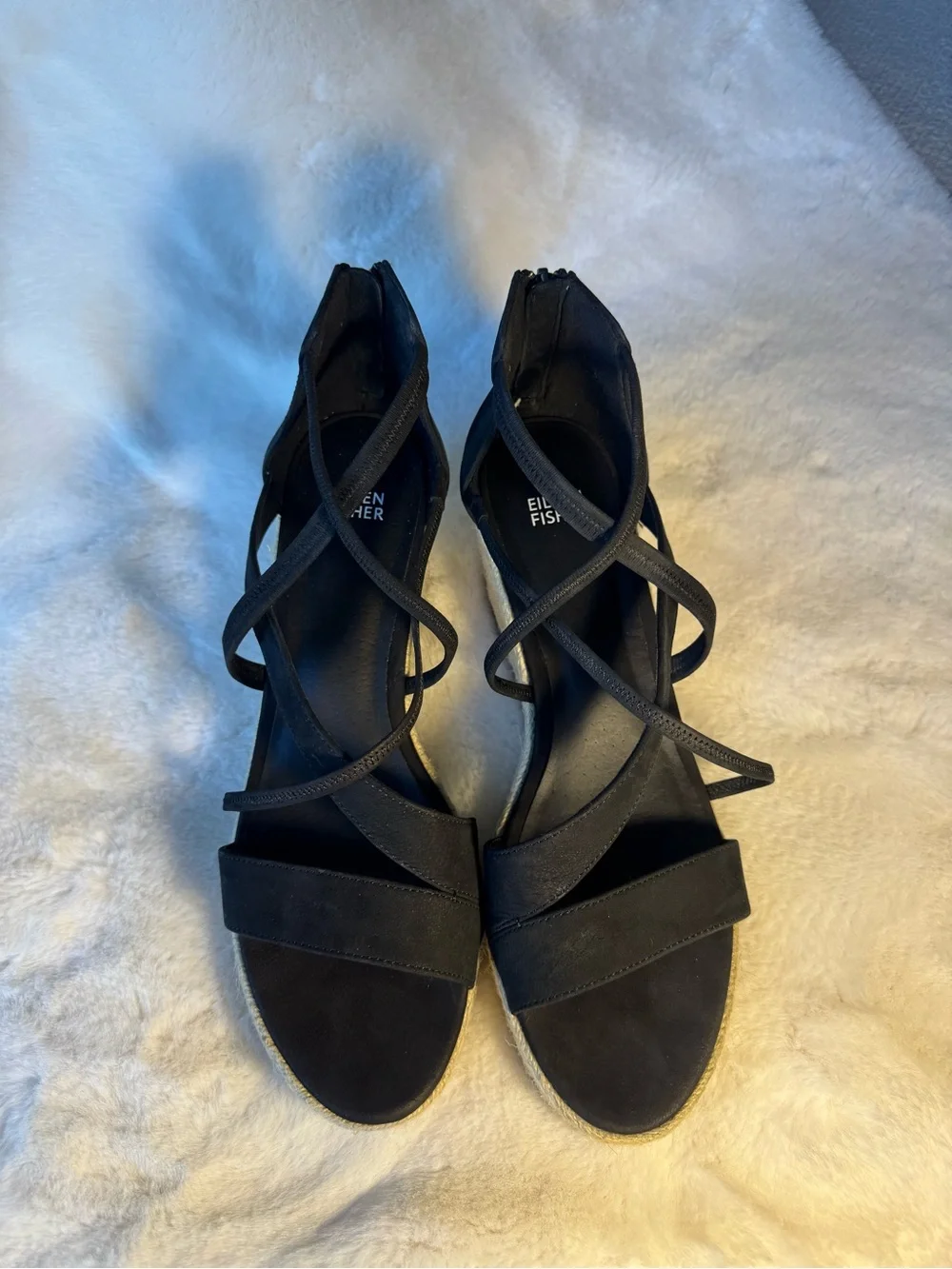 Eileen Fisher Black Wanda Espadrille Wedge Sandals Size 11